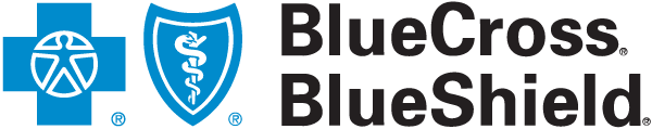 The image shows the logo for BlueCross BlueShield, a well-known health insurance provider in the United States. It features a blue cross with a human figure inside it and a blue shield with a white serpent wrapped around a staff, alongside the text 